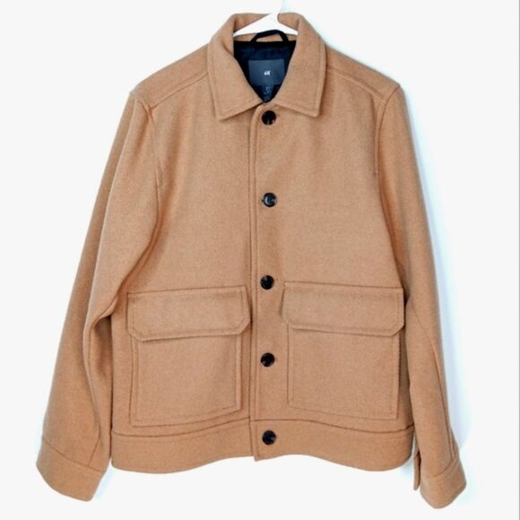 H&M Short Wool Blend Pea Coat Jacket Tan Beige Men's Size Small New With Tags - Picture 1 of 8